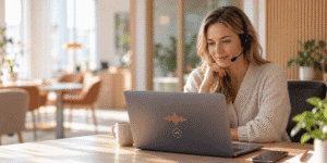 Kundservicemedarbetare med headset vid en dator – AI-receptionist och mänsklig service i samspel.